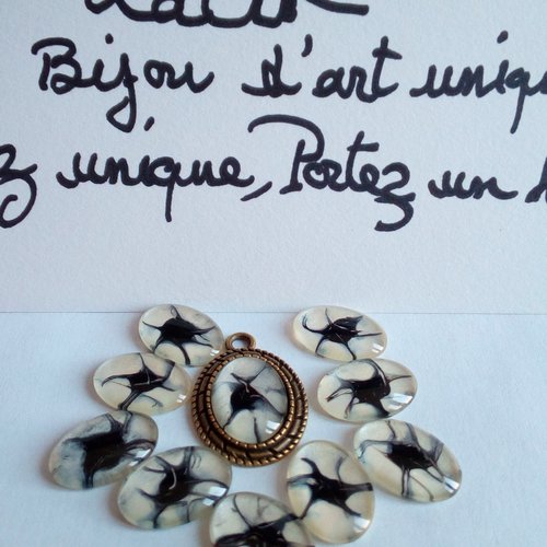 13x18mm,verre peint artiste francaise,noir nacre blanc,cabochon oval fond plat,fourniture bricolage mercerie,boho bobo gothique fantastique