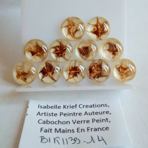 14mm,verre peint artiste francaise,brun marron nacre blanc,cabochon rond fond plat,fourniture bricolage mercerie,boho bobo gothique
