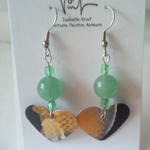 Aventurine,quartz pierre fine précieuse verte ,boucles d'oreilles acier inoxydable,pendentifs coeurs peinture art contemporain
