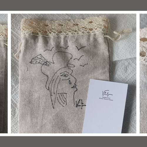 Pochon coton avec dentelle,dessin visage amerindien avec plume et chapeau,pièce originale unique