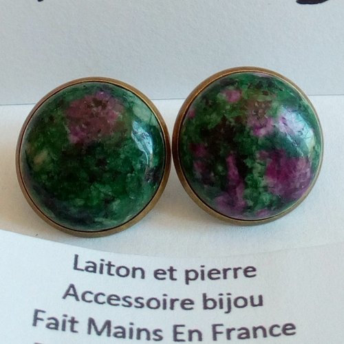 Rubis zoisite,clips oreilles non perce avec cabochon rond 20mm pierre precieuse rose vert,laiton,fait mains en france,cadeau fete anniversai