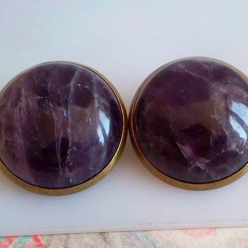 Amethyste quartz pierre violet,clips oreilles avec cabochons ronds 20mm,fait mains en france,femme homme unisex lgbt