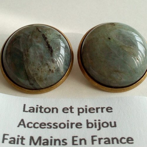 Labradorite quartz pierre fine,gris bleute,clips oreilles avec cabochons ronds 20mm,fait mains en france,femme homme lgbt