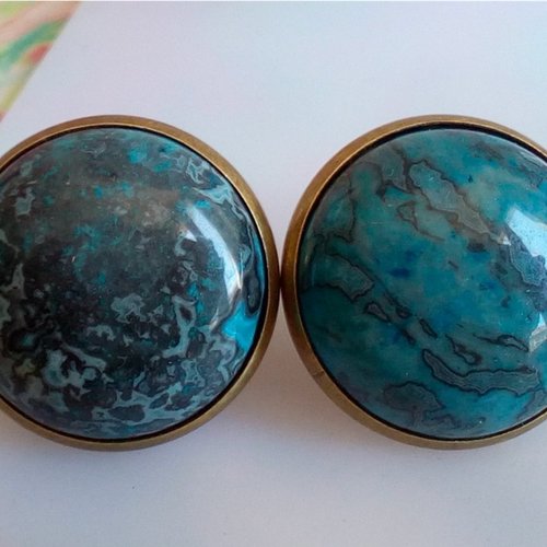 Onyx bleu pierre semi precieuse,clips laiton bronze oreilles non perces avec cabochons ronds 20mm,fait mains en france,femme homme unisex