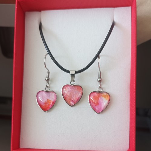 Parure pendentif et boucles oreilles coeurs rose orange,peinture art contemporain abstrait,crochets oreilles,cadeau fete anniversaire noel