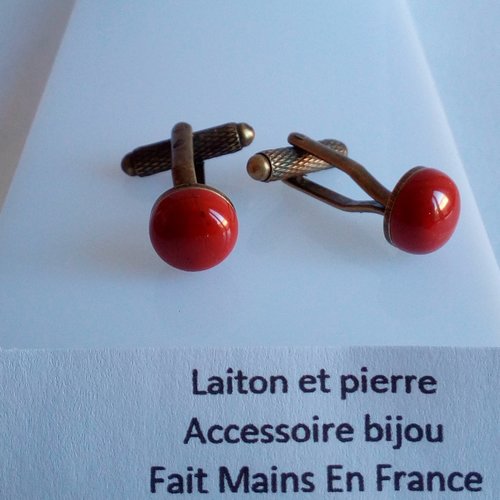 Jaspe rouge,boutons de manchettes laiton avec cabochons ronds 10mm,pierre semi precieuse,fait mains en france