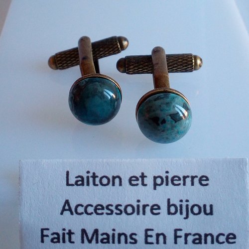 Onyx  bleue,boutons de manchettes laiton bronze avec cabochons ronds dia 10mm, pierre semi precieuse, fait mains en france, cadeau fete boho