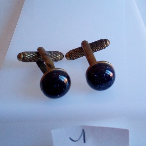 Pierre de sable bleu,boutons de manchettes laiton bronze avec cabochons ronds dia 10mm, fait mains en france, cadeau fete anniversaire noel