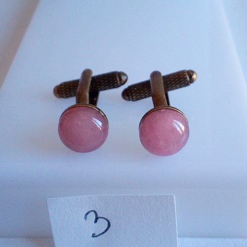 Quartz rose,boutons de manchettes laiton bronze avec cabochons ronds dia 10mm,pierre fine, fait mains en france, cadeau fete noel