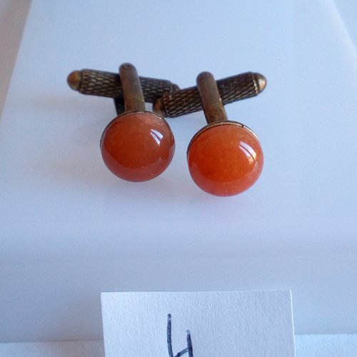 Calcite orange,boutons de manchettes laiton bronze avec cabochons ronds dia 10mm,quartz pierre fine, fait mains en france, cadeau fete noel