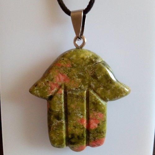 Unakite, pendentif main fatma hamsa pierre vert orange et cordon noir,bobo boho gothique,protection mauvais oeil