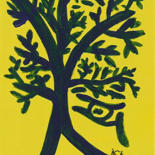 L arbre qui pleure, peinture acrylique finition vernis acrylique sur papier canson, jaune bleu,fait mains en france, isabelle krief artiste