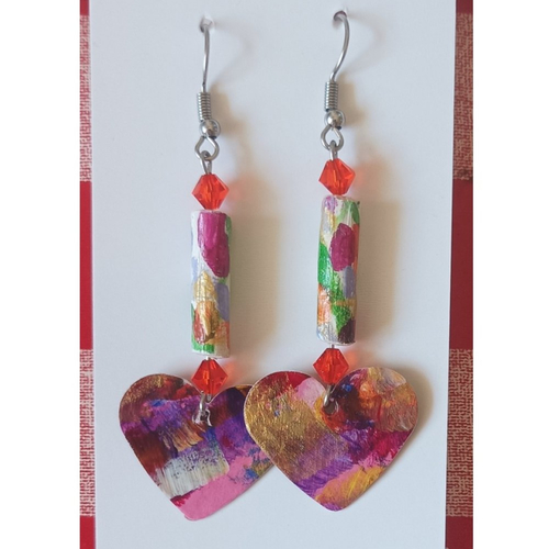 Boucles oreilles coeurs, bois vegetal naturel les bijoux de la clape, cristal peinture finition vernis,artisanat d art français