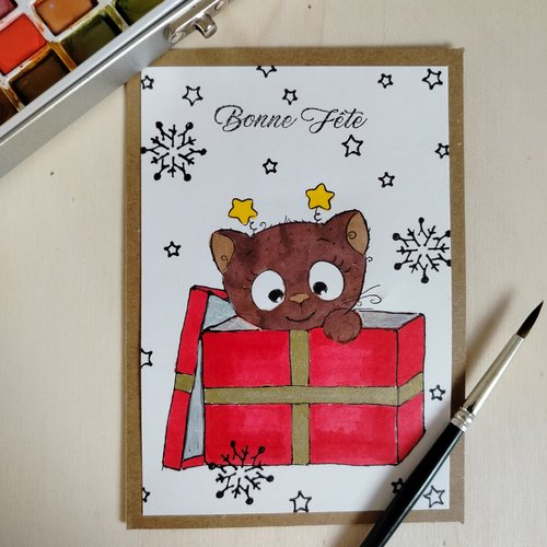 Carte de voeux noël bonne fête chat mignon