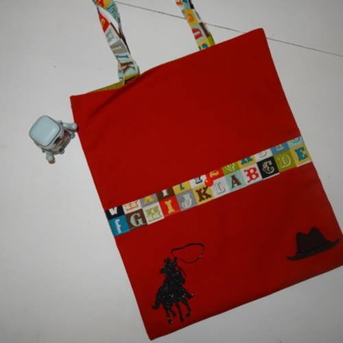 * sac cabas enfant garçon coton tissu prénom style tote bag  toile rouge cowboy 