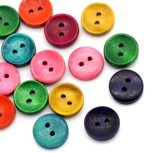 25 boutons en bois ronds - 15 mm multicolores t14