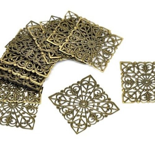 5 estampes pendentifs filigranes - carrés - métal bronze - 4 cm tb
