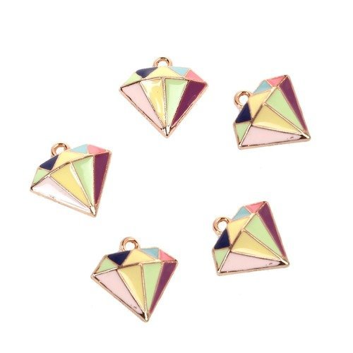2 breloques pendentifs forme diamant émaillé multicolore - doré t3