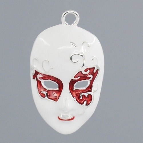 Breloque masque, pendentif masque, émaillé blanc et rouge t 13