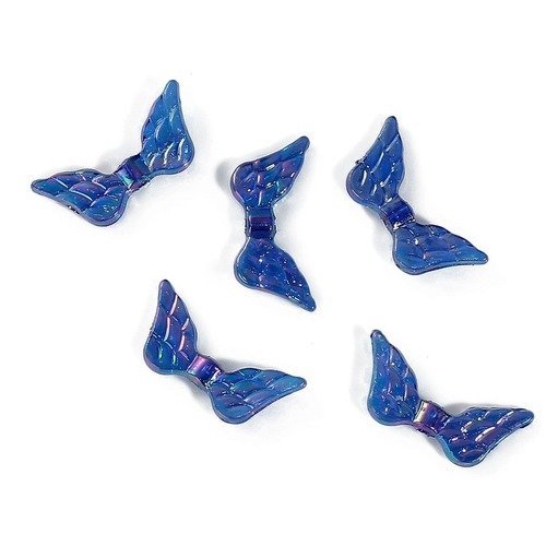 35 perles ailes, en acrylique, bleu effet irisé, 20 x 9 mm t24