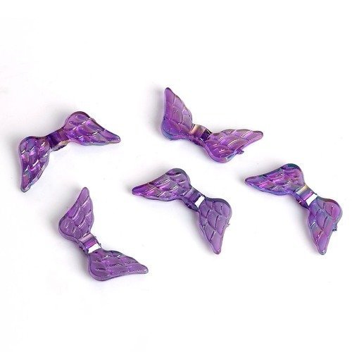 35 perles ailes, en acrylique, violet effet irisé, 20 x 9 mm t25