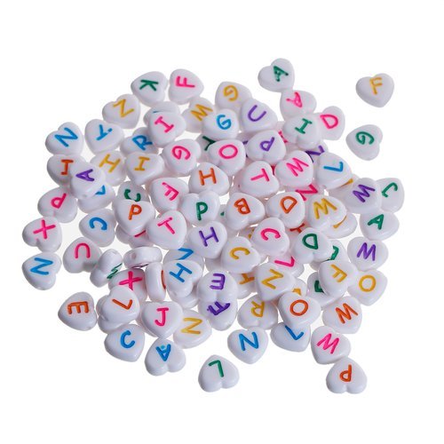 100 perles coeurs blanches, lettres alphabet multicolore t30