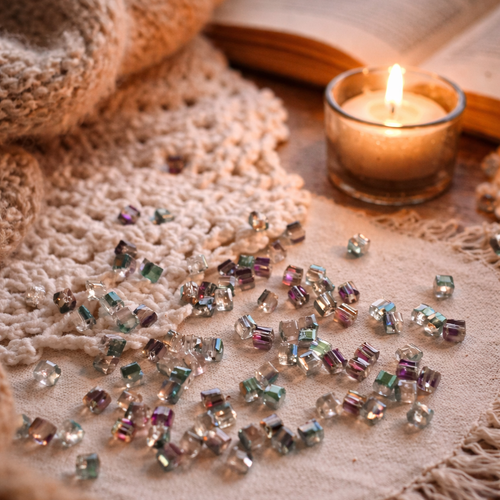 20 perles cubes carrées en verre mauve irisé - 3 mm t5