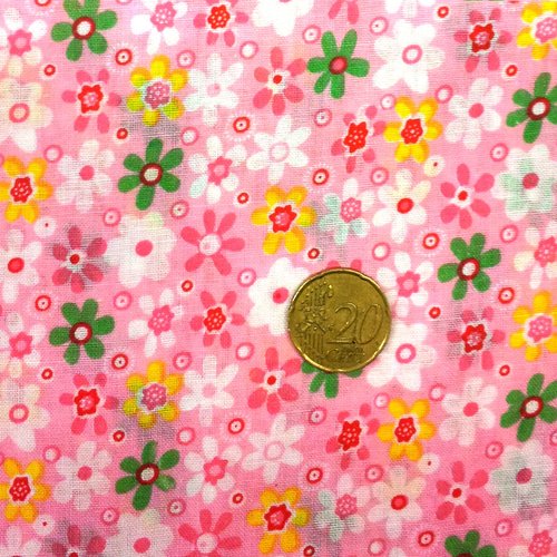 Coupon tissu 50 x 50 cm - fond rose - fleurs multicolores