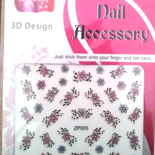 Stickers ongles - nail  autocollants 3d - fleurs roses et grises t15