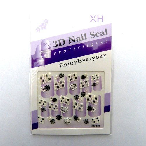 Stickers ongles - nail  autocollants 3d - fleurs et banderoles blanches et noires t15