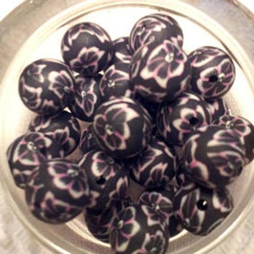 20 perles rondes polymère noires à fleurs t41 
