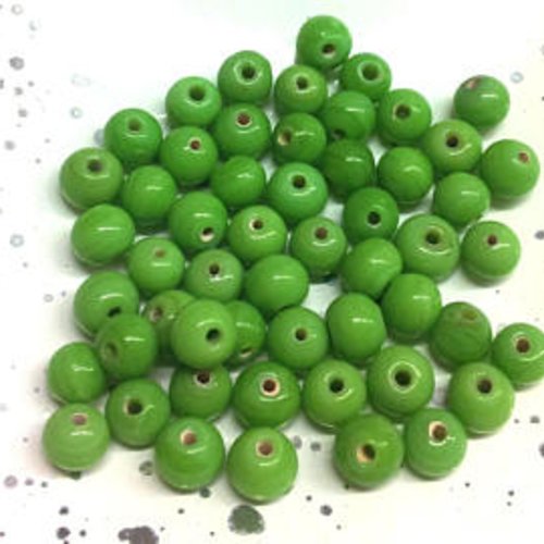 9 perles vertes pomme rondes céramique t44
