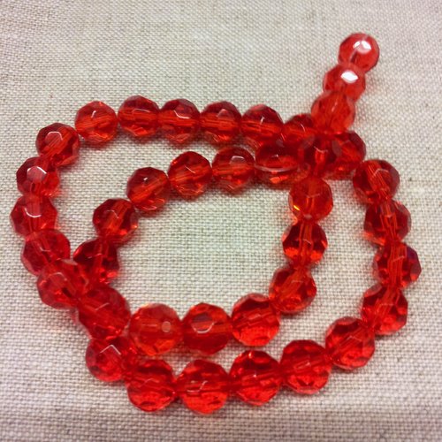 10 perles en verre rondes à facettes - rouge t44