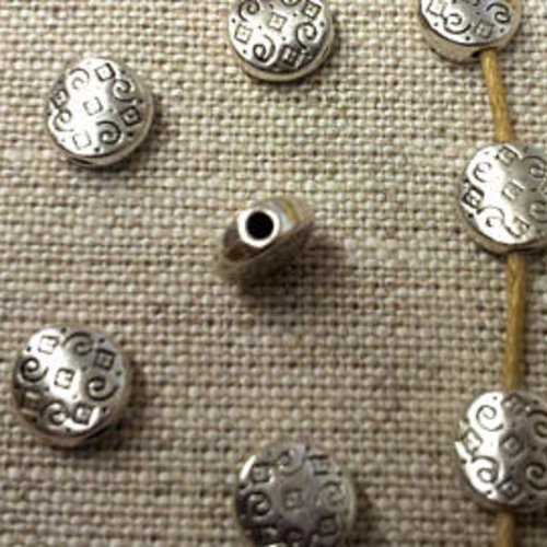 10 perles métal argenté - plates rondes arabesques - tf