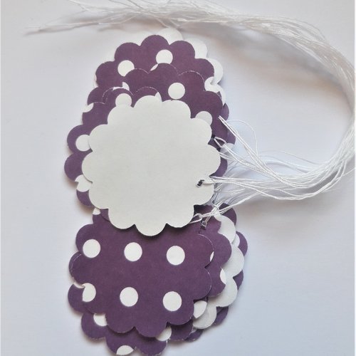 15 étiquettes rondes en papier - violette pois blancs - diamètre 3.5 cm