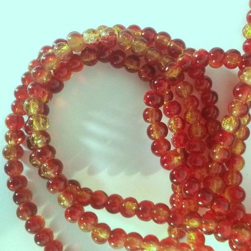 20 perles en verre bicolore rouge et jaune - craquelées 4 mm t31