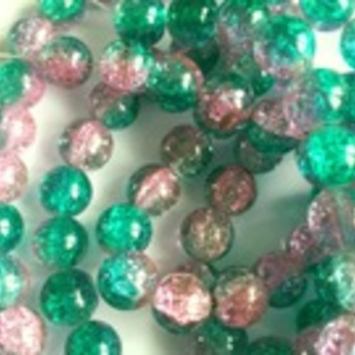 10 perles en verre - bicolore craquelées - vert et rose - 10 mm - t1 