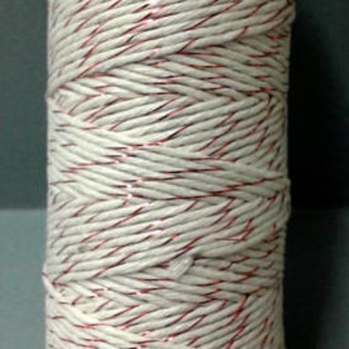 Ficelle blanche avec liseré rouge métalisé - bobine de 100 mètres - t5