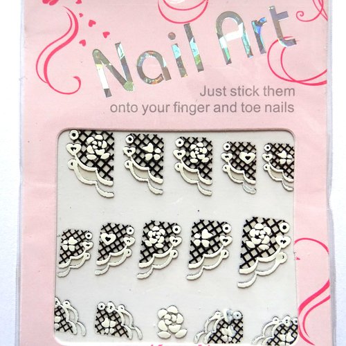 Stickers ongles - nail  autocollants 3d - quadrillés fleurs blanches t5 