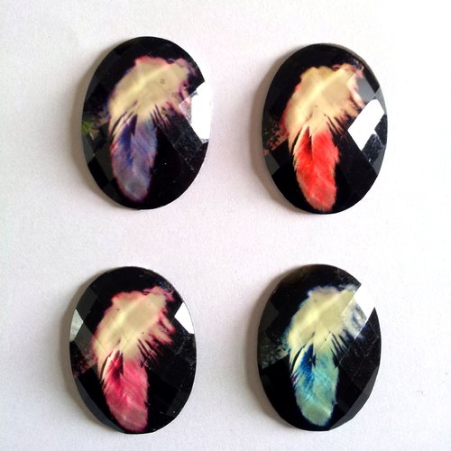 4 cabochons ovales - plumes - multicolore - t8 