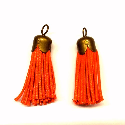  2 pendentifs  pompons coton ciré orange t24 