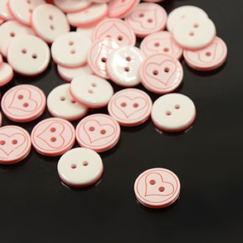10 boutons acrylique blancs et roses - motif coeur - 12 mm t27
