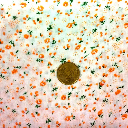 Coupon tissu 50 x 50 cm - blanc fleurs oranges