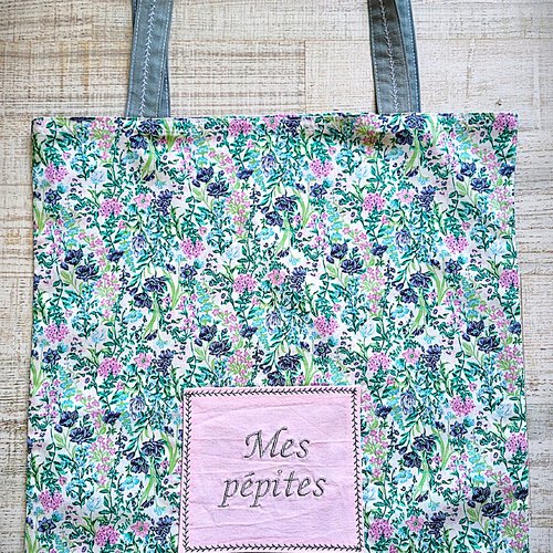 Cabas shabby fleuri vert et rose