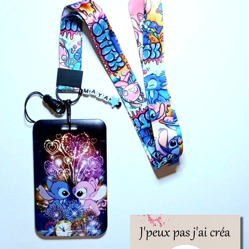 Tour de cou + porte carte stitch et angel,personnalisable,lanière de cou, porte clés, pass bus, cmi, tout métier, loisir: