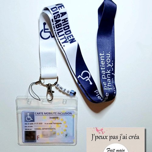 Lanière de cou handicap + pochette plastique souple,porte clés, porte carte cmi: handicap invisible