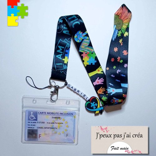 Lanière de cou personalisable+ pochette souple,lanière de cou, porte clés,pass navigo,porte carte cmi : "je suis autiste"