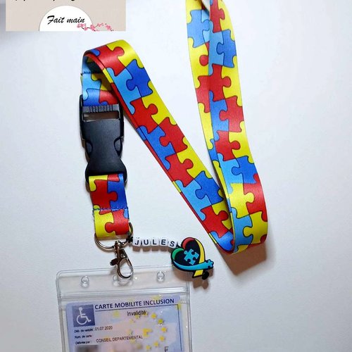 Lanière de cou + pochette plastique souple personnalisable, porte clés, carte cmi,carte de bus : thème autisme