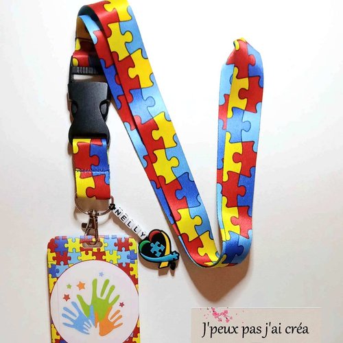 Lanière de cou, + porte carte personnalisable,cordon de cou, porte clés, carte cmi,carte de bus : thème autisme