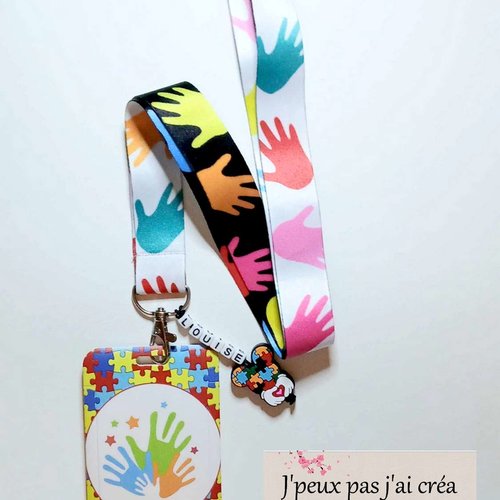 Lanière de cou + porte carte personnalisable,cordon de cou, porte clés, carte cmi, bus : thème autisme